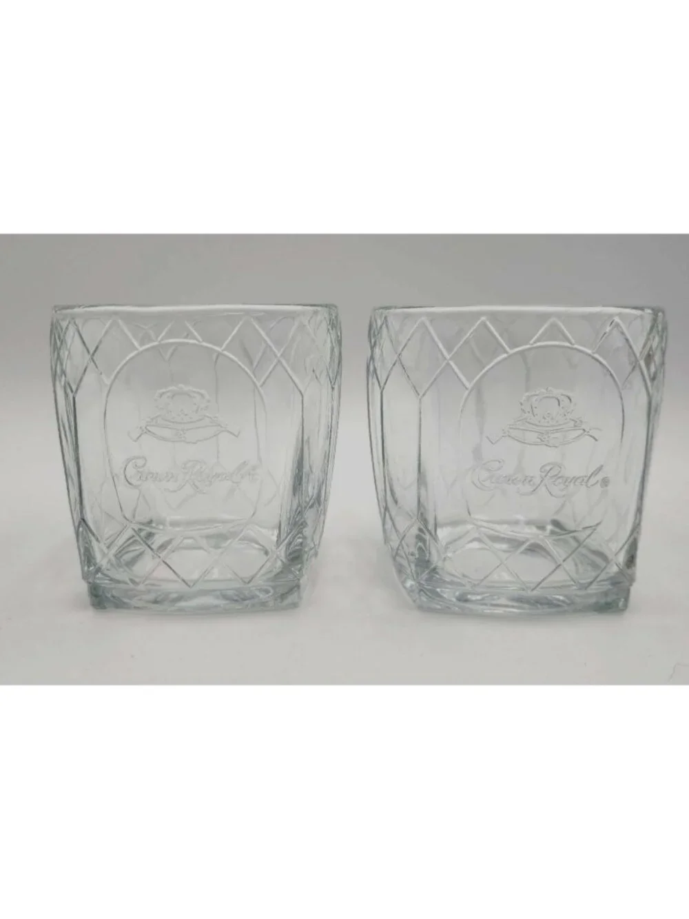 Crown Royal Etched Logo Diamond Pattern Whiskey Low Ball Glasses Set Of 2 10 oz